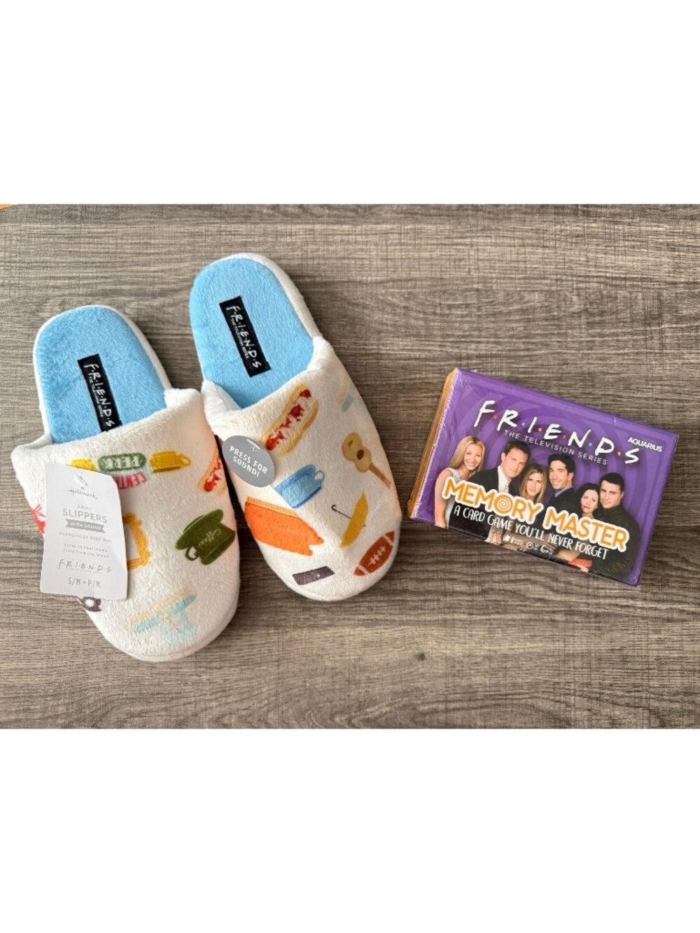 Friends Memory Master Card Game & Hallmark Slippers S/M - Fun Gift Set For Fans